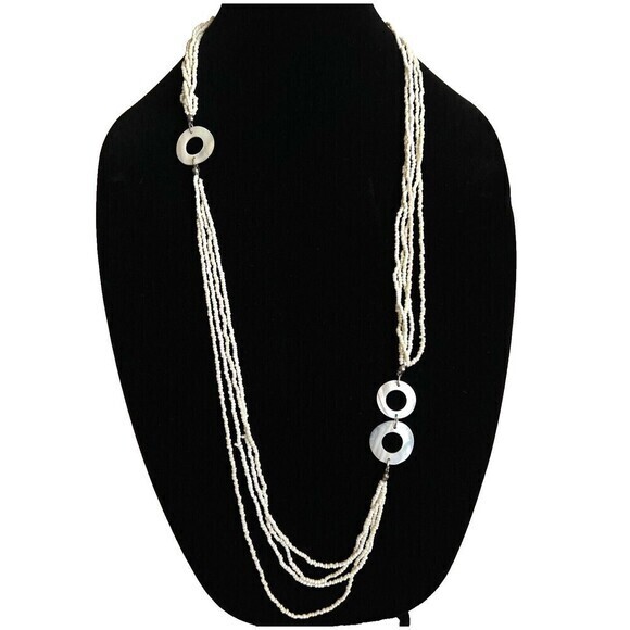 Handmade‎ Cream Glass Bead Multi-Strand Long Necklace w/ Mother of Pearl Circles - Picture 1 of 9